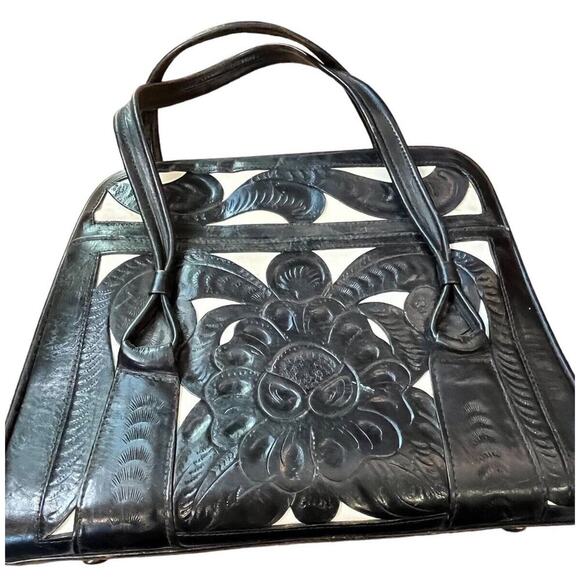 Handmade Hand-tooled Black And White Boho Leather Purse Satchel Floral - Picture 2 of 11